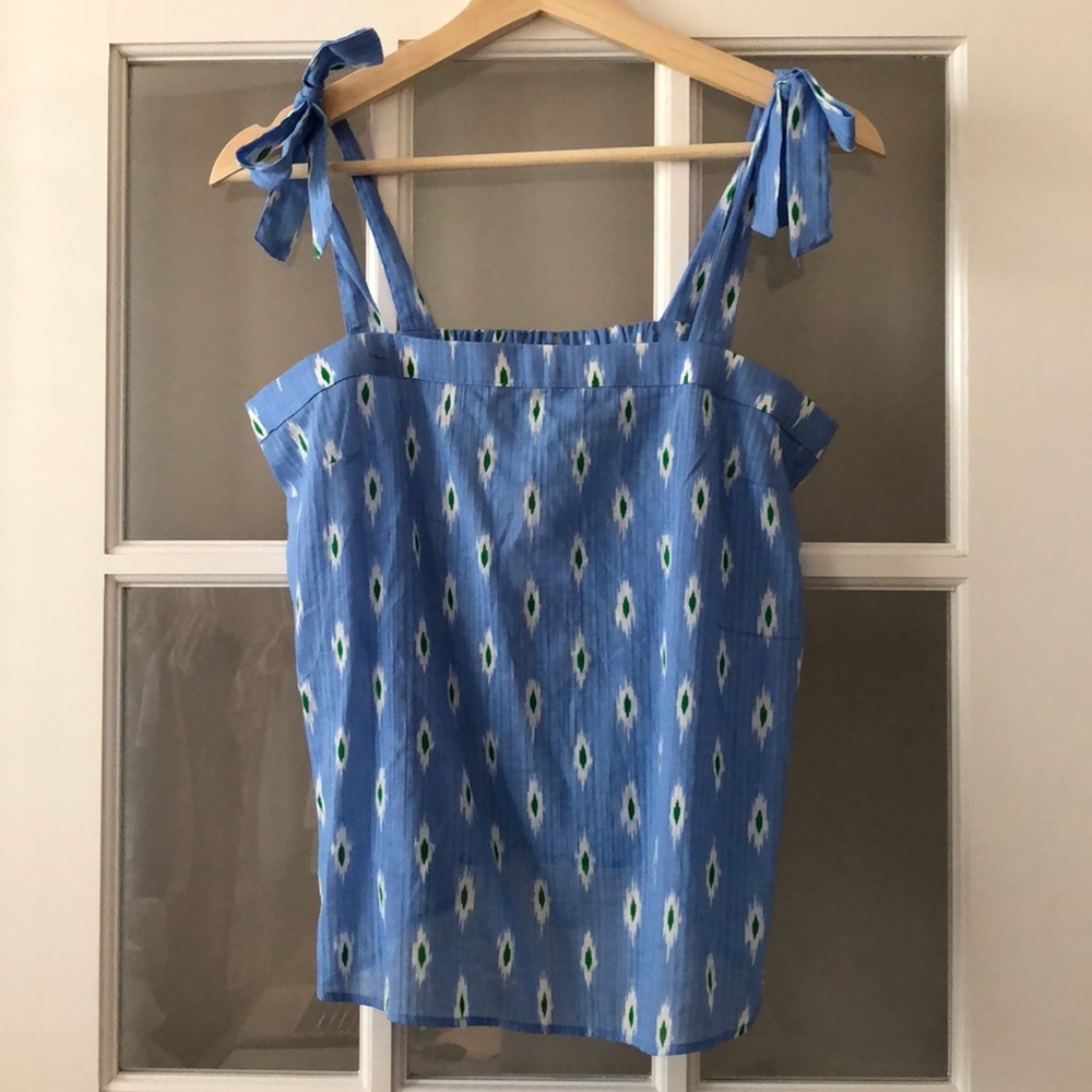 Blue and green ikat top with shoulder ties